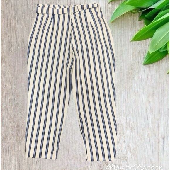 Bcbgeneration Pants Women's 12 Off White Blue Striped Cropped Tie Waist Trousers - Picture 2 of 6